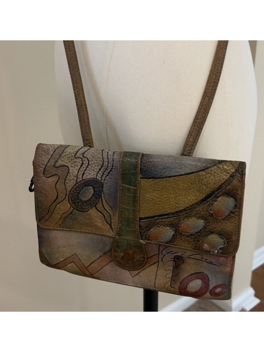 Anuschka Handpainted Leather Crossbody Purse Bag Hand Painted Small Organizer